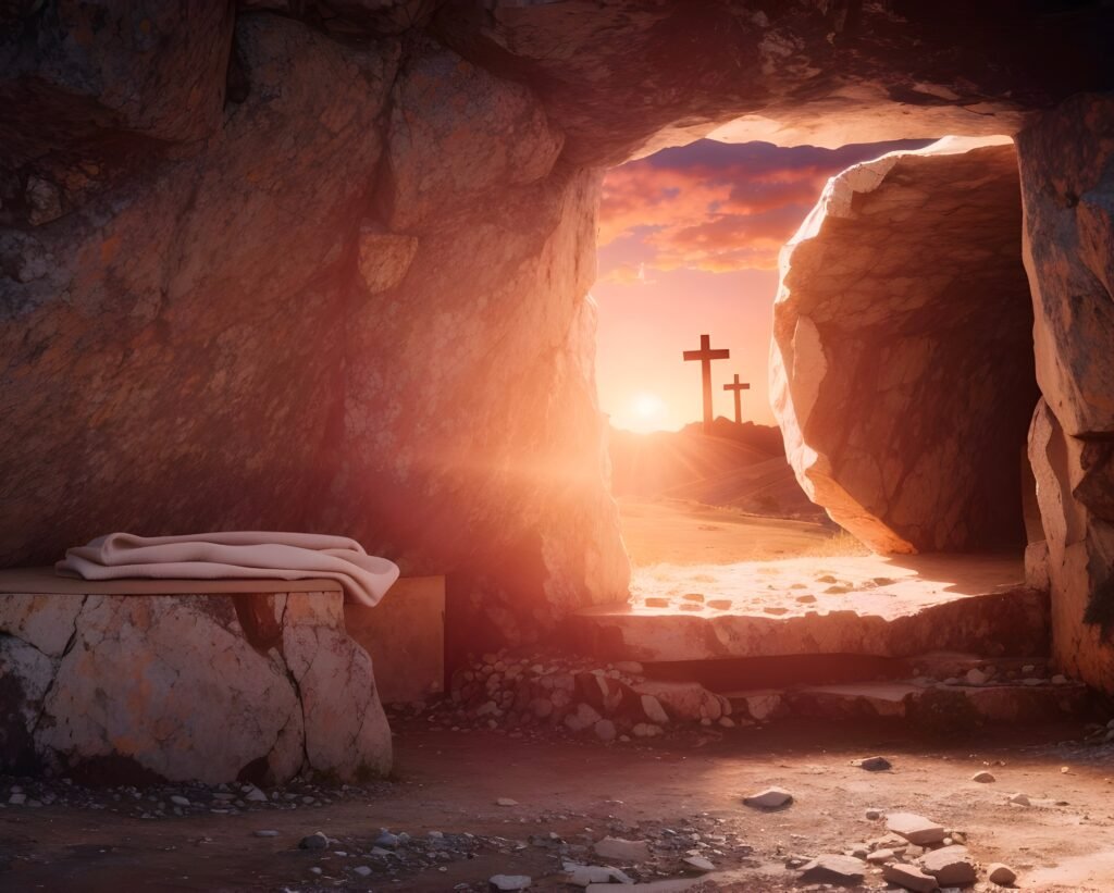Resurrection Of Jesus Christ, Tomb Empty With Shroud And Crucifixion At Sunrise